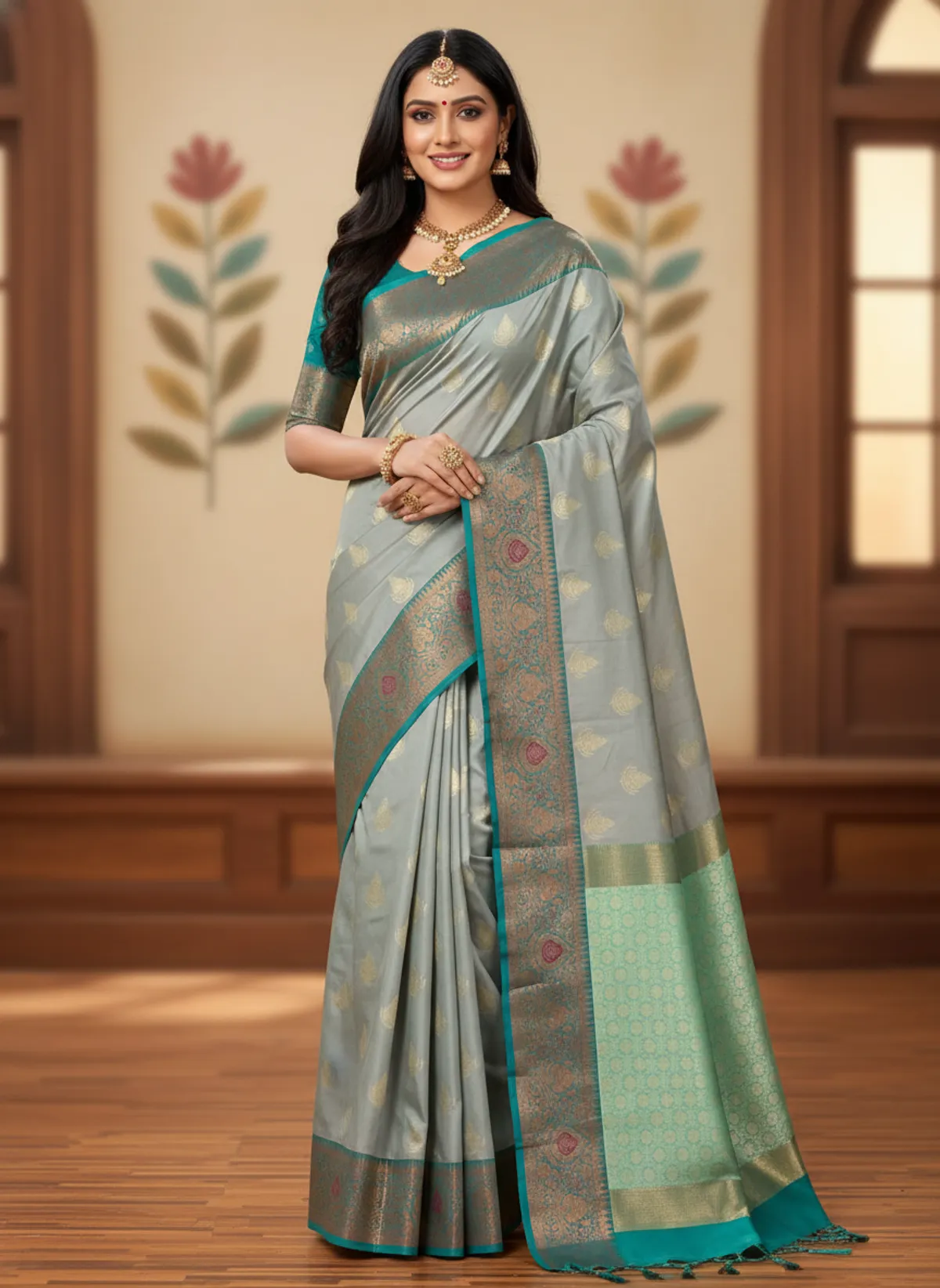 Grey Banarasi Silk Saree with Contrast Aachal